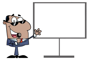acclaim clipart: businessman or salesman giving his sales pitch or presentation