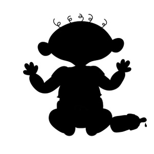acclaim clipart: cartoon baby boy sitting up next to milk bottle in silhouette
